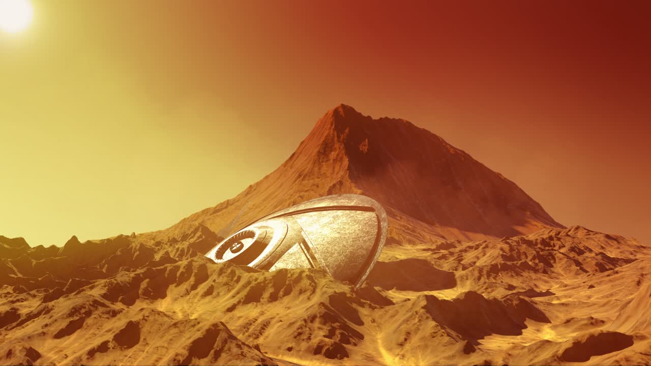 UFO a forma di disco alieno che si schianta sulla superficie del pianeta Marte.