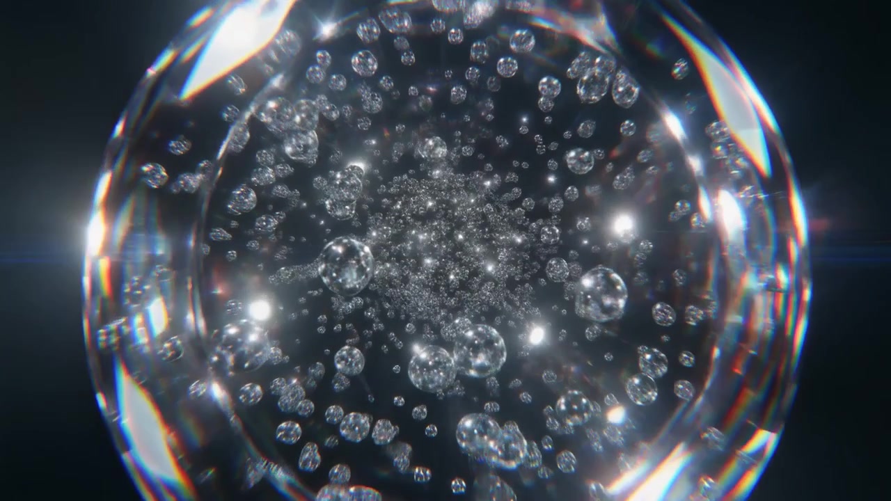 Animazione astratta di sfere luminose fluttuanti all'interno di una sfera di vetro