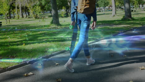 walking in park, person with skateboard over holographic animation of digital effects