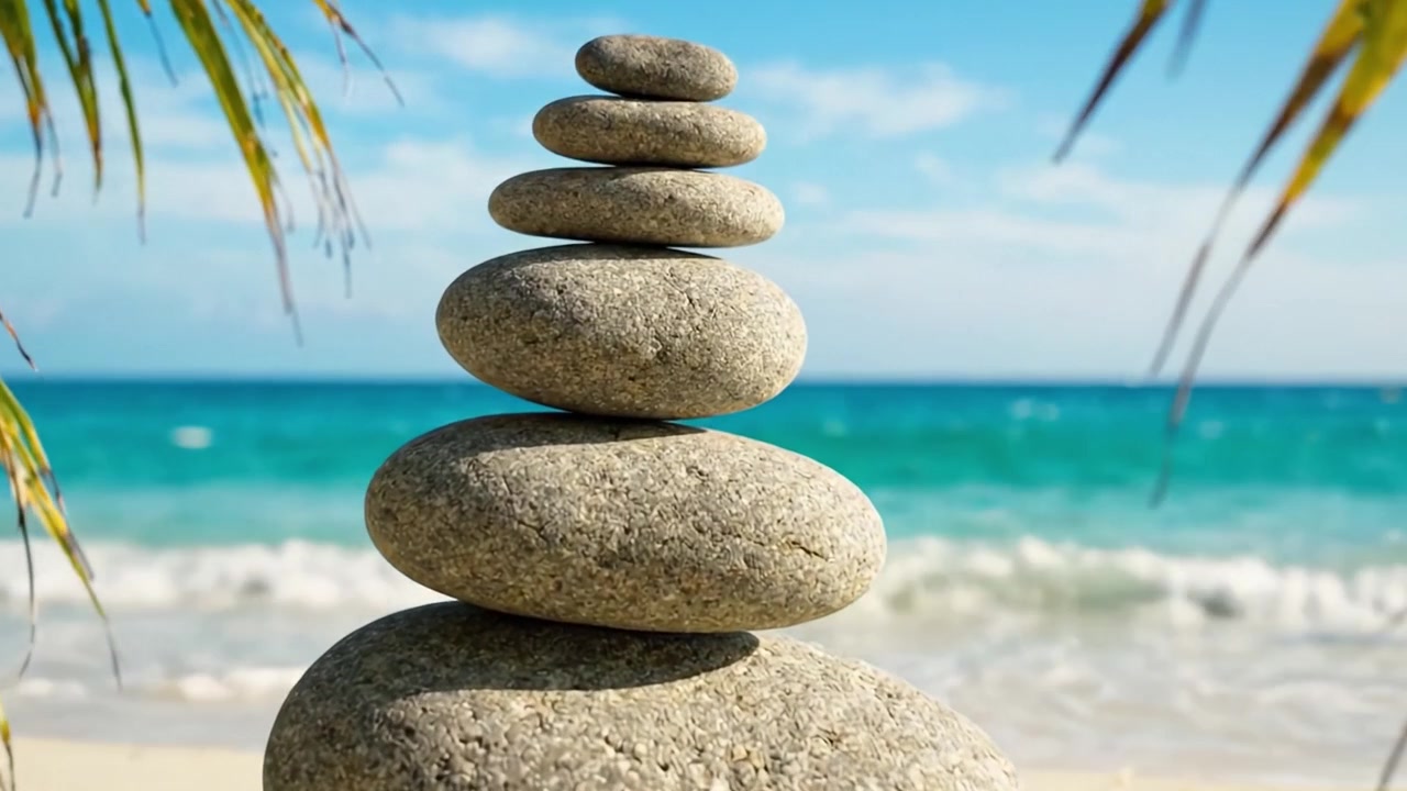 Tranquil Beach Scene Featuring a Tower of Smooth Stones Surrounded by Lush Palm Leaves against a Serene Ocean Backdrop and Clear Blue Skies