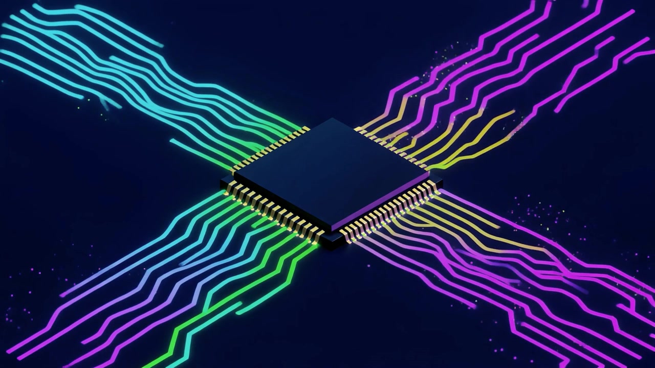 Central Processing Unit Chip with Glowing Data Flow Lines