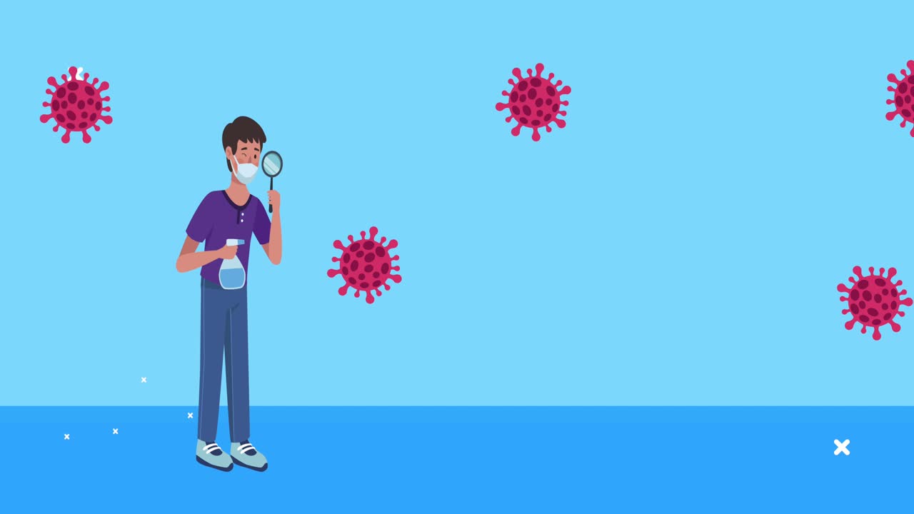 확대 유리 애니메이션으로 의료 마스크를 착용 한 젊은 남자