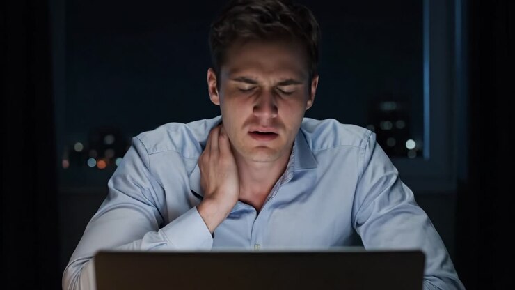Mann mit Nackenschmerzen arbeitet nachts am Computer