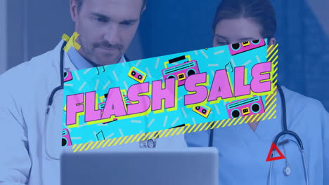 Doctors working on laptop with vibrant Flash Sale animation overlay