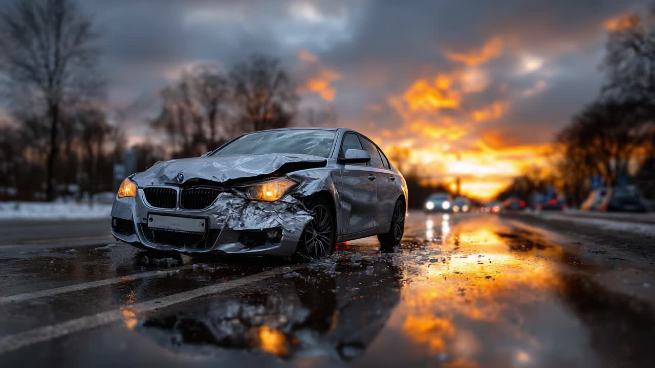 A Dramatic Scene of a Crashed Silver Car with Damage on a Wet Road Under a Fiery Sunset Sky Evokes a Sense of Urgency and Reflection on Road Safety