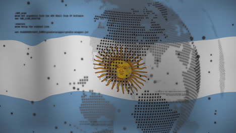 animation of spinning globe and data processing against waving argentina flag background