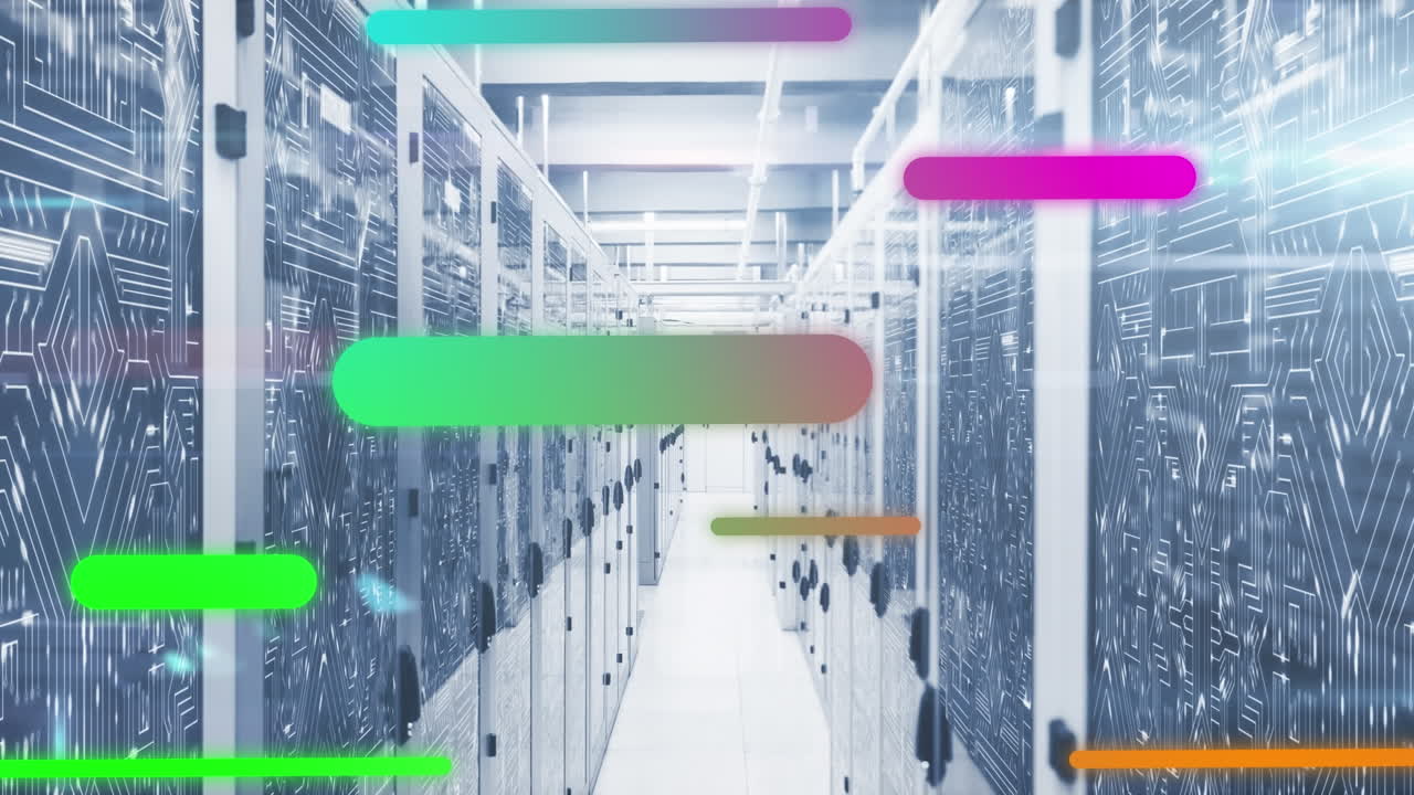 Animation of colorful light trails against microprocessor connections over computer server room