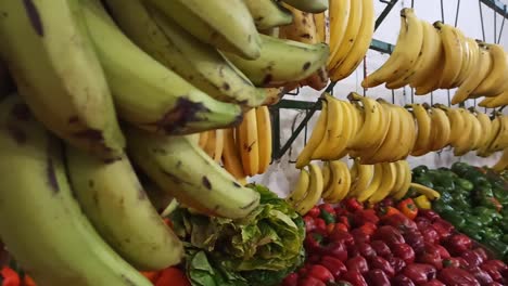 plátanos y bananas colgando en una frutería