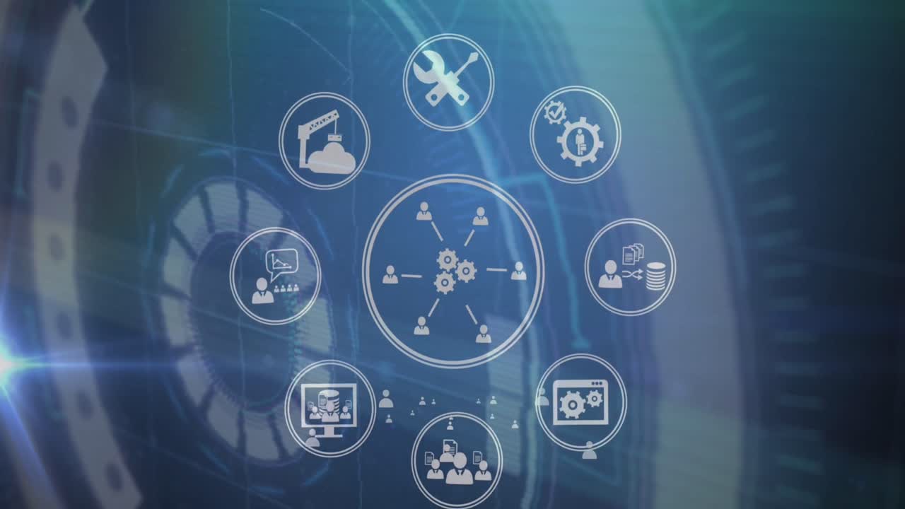 animación de múltiples círculos con configuraciones, personas, iconos financieros sobre círculos de escaneo