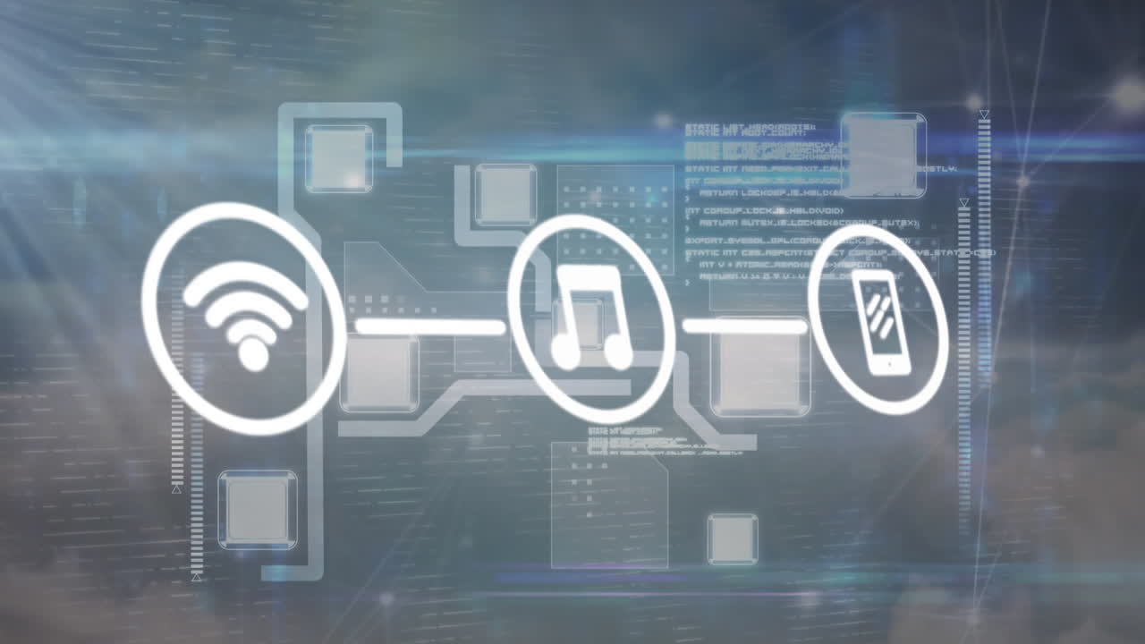 Animation of network of connections with icons and data processing over sky