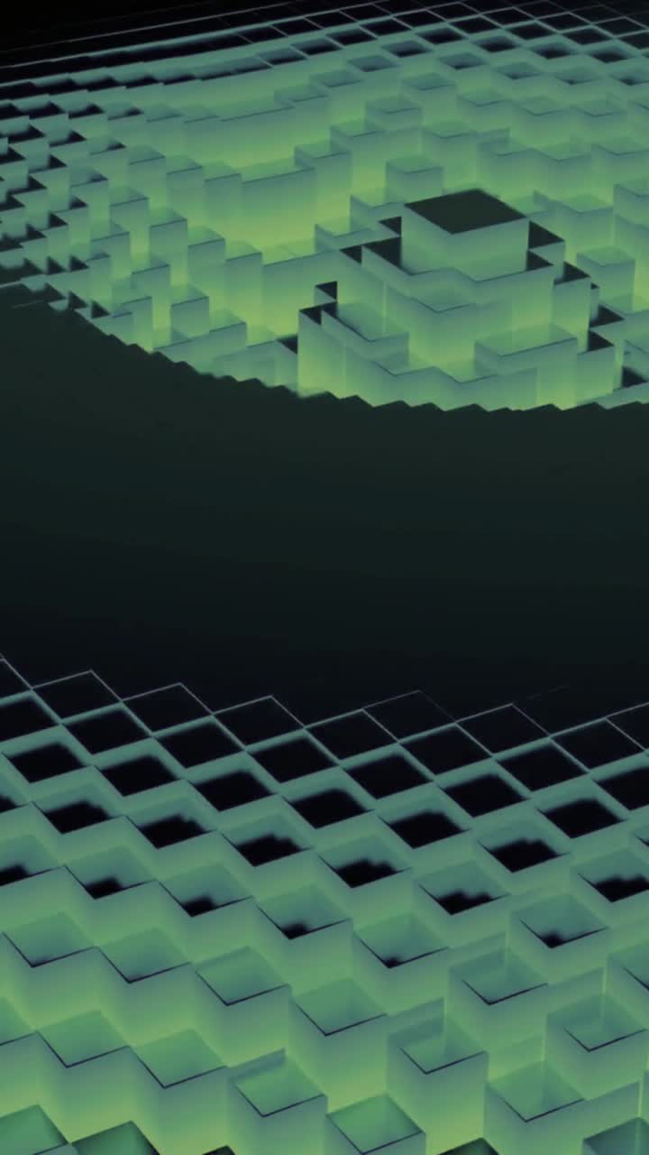 Dynamic Grid of Glowing Green Cubes Undulating