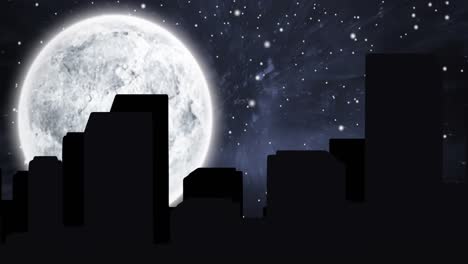 Digital-animation-of-silhouette-of-tall-building-against-moon-and-stars-in-night-sky