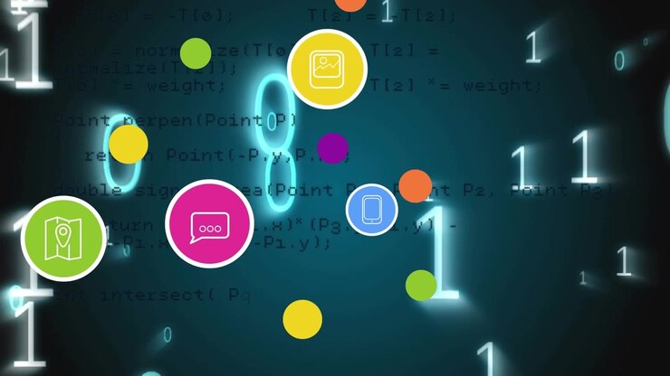 Animation of icons over data processing on black background