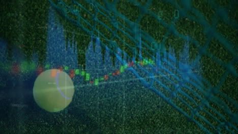 scene showing yellow tennis ball moving near blue net with grass court, candlestick and line charts