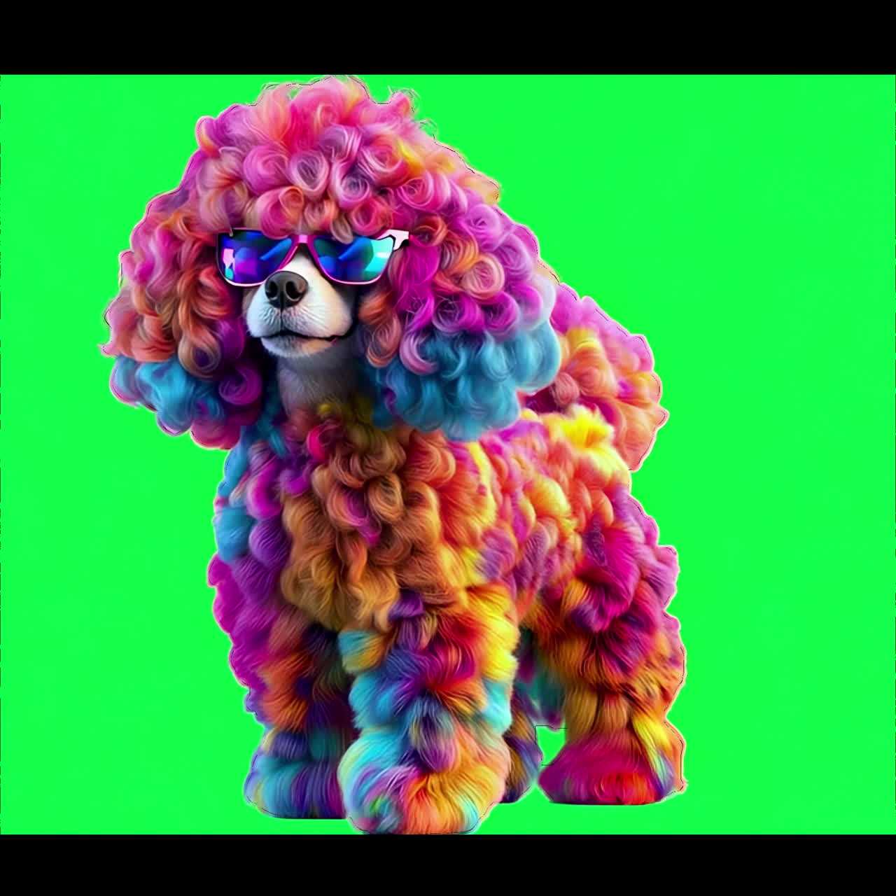 Colorful poodle wearing sunglasses animation isolated asset, transparent 4K video, alpha channel