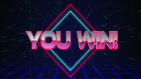 retro you win text glitching over blue and red squares 4k