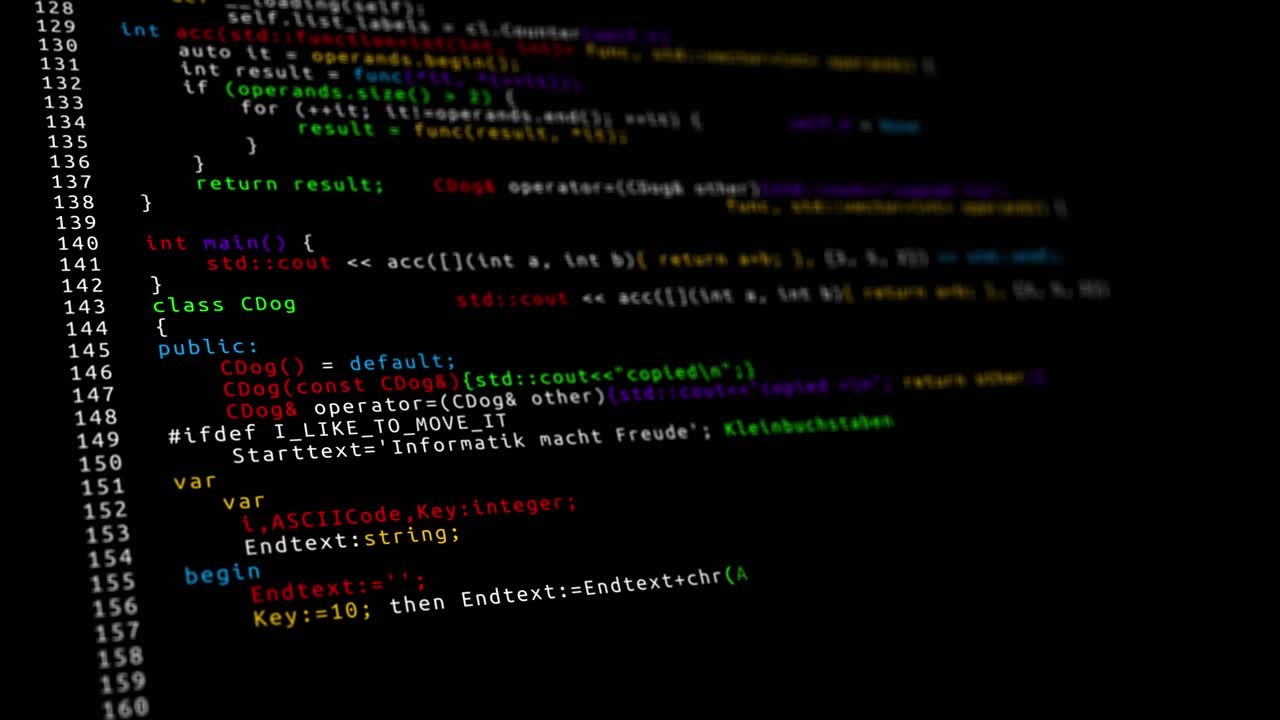 Programming code running down a computer screen terminal loop animation developer is browsing html