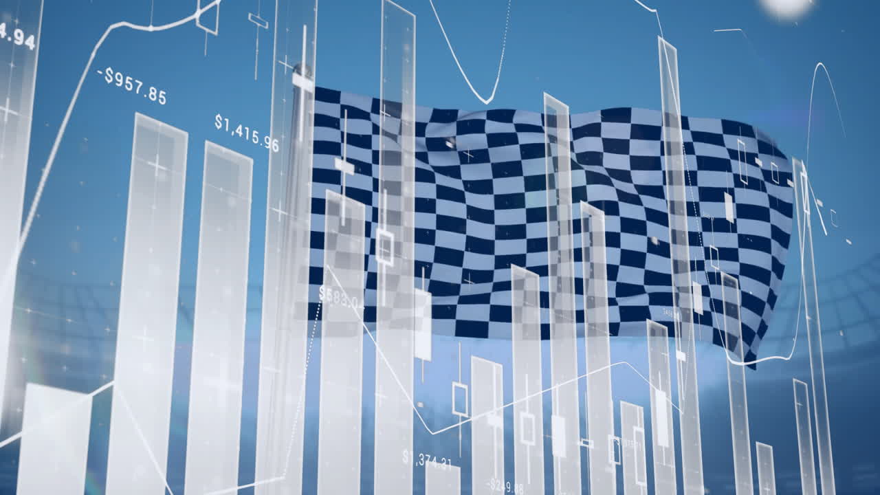 Checkered flag waving over financial graphs and data analysis animation