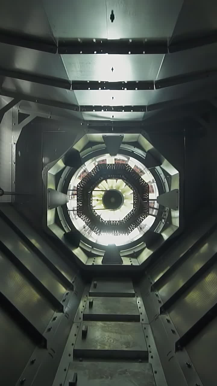 Mechanism of contemporary grain dryer machine with empty metal container and rotating fan closeup. Granary equipment of wheat crop processing