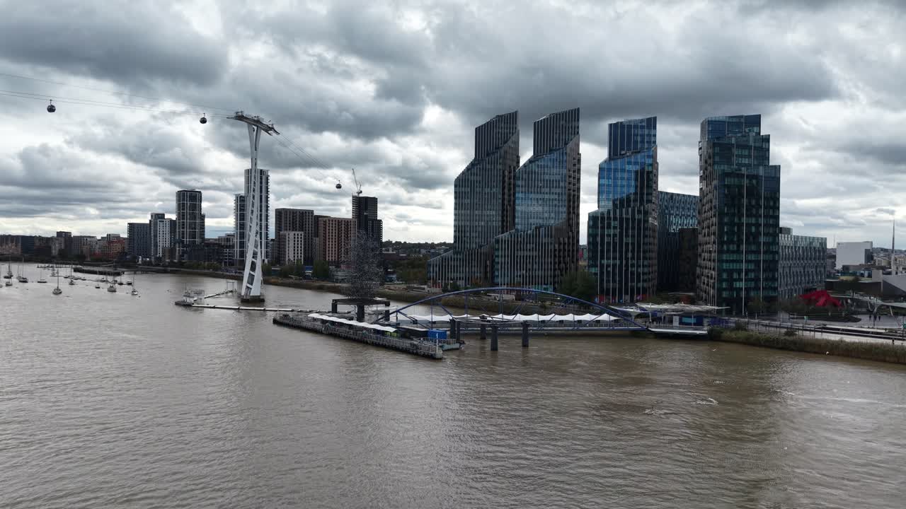 Aerial View Approaching Greenwich Pier for Thames Clippers London UK