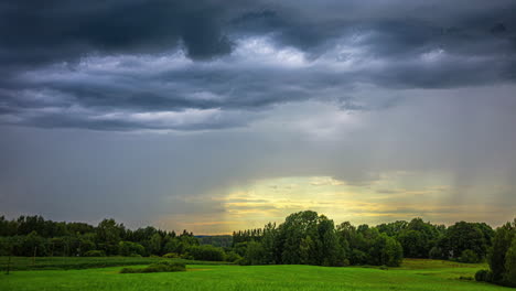 -Timelapse-of-Cumulus-Clouds-and-Falling-Rain-Floating-Over-Picturesque-Greenery-in-Latvia