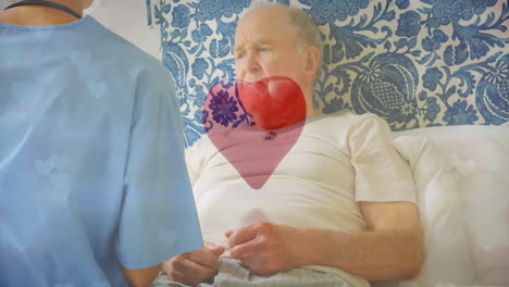 animación de iconos de corazón sobre un hombre caucásico senior y una mujer médico