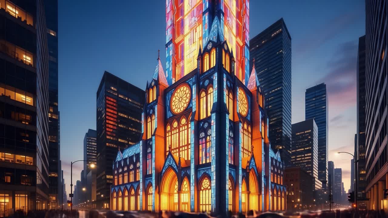 Stunning Night and Day Transformation of a Grand Cathedral Surrounded by Modern Skyscrapers, Showcasing Vibrant Light Displays Against a City Backdrop
