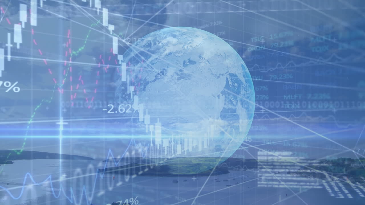 Animation av finansiella grafer och data över jordglob och landskap