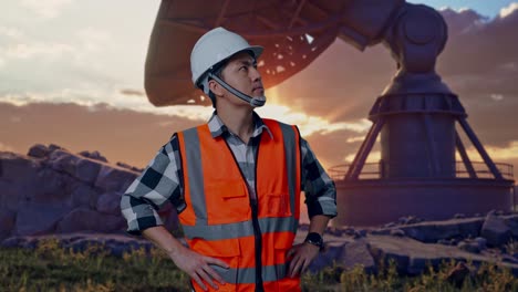 asian male engineer wearing safety helmet looking around while standing with arms akimbo with large satellite dish