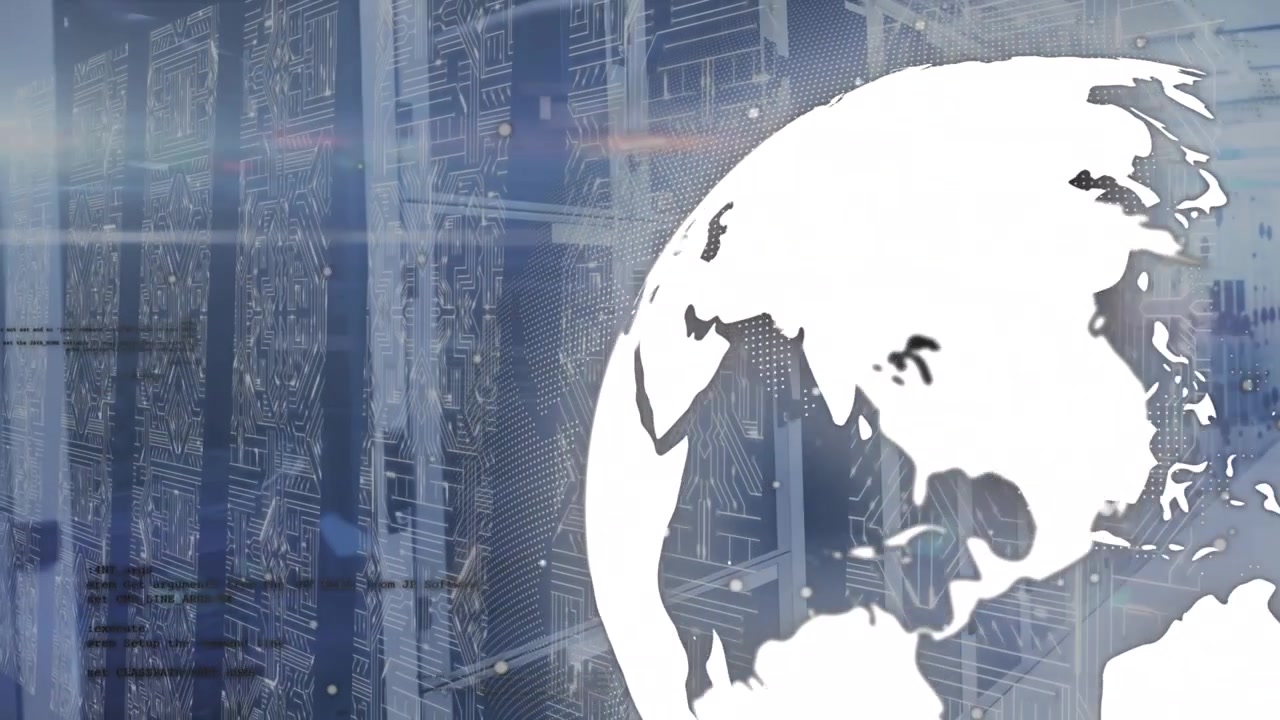 Animation of data processing and globe over server room
