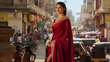 elegant woman in red saree on a bustling indian street