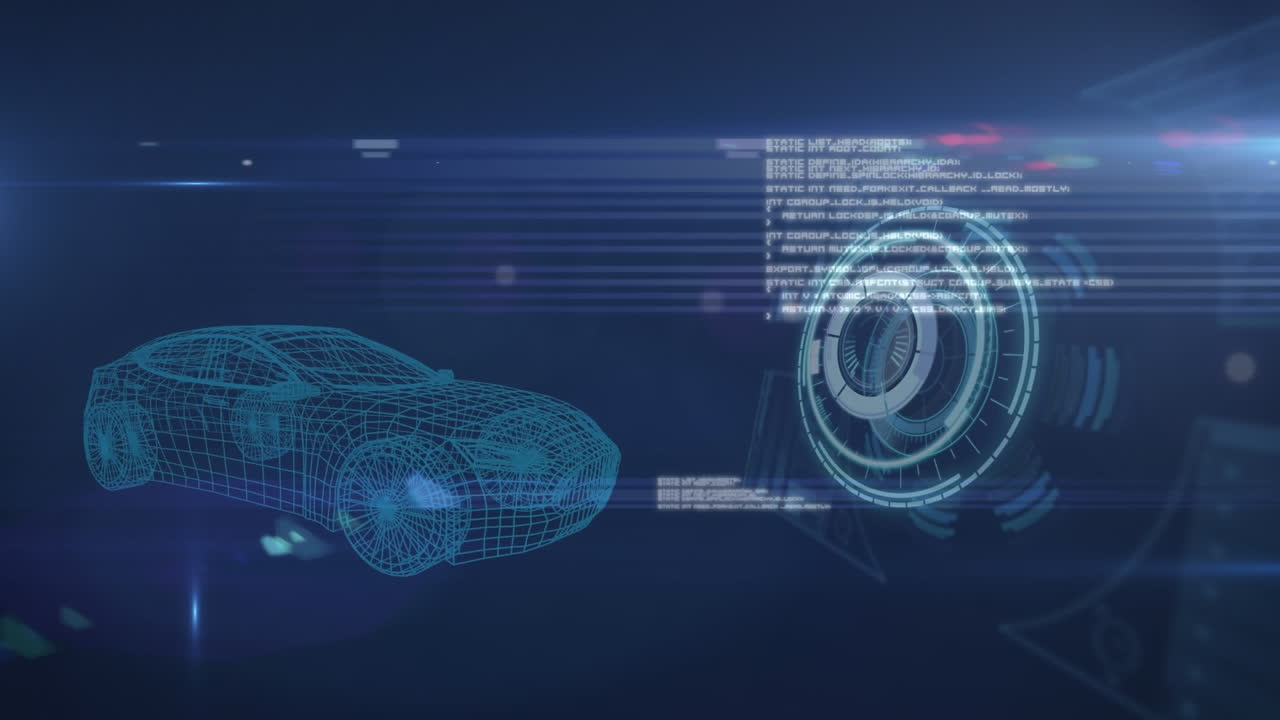 animación del procesamiento de datos sobre el dibujo del coche en 3d