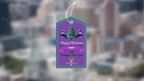 Animation-Von-Weihnachtstext-Und--logo-über-Verschwommener-Stadtlandschaft