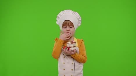child girl kid dressed as professional cook chef showing eating tasty handmade strawberry cake