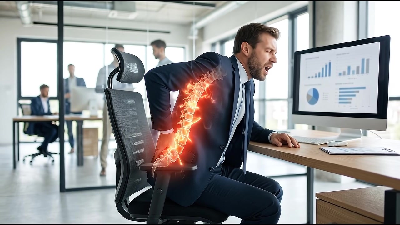 Businessman Experiencing Back Pain While Sitting at Office Desk