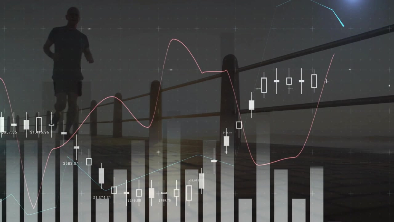 Uomo anziano che corre sul lungomare, mostrando grafici finanziari animati e dati a candela.