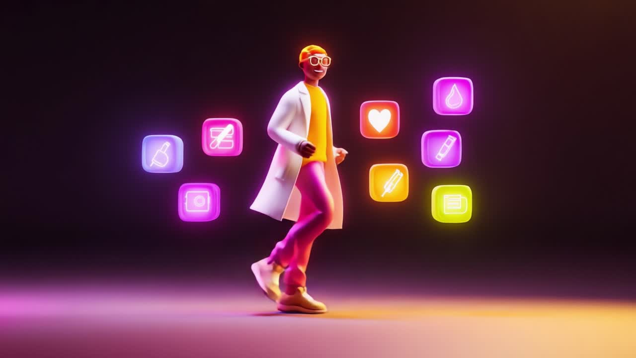A vibrant 3D character in a lab coat explores a digital landscape filled with colorful, glowing icons representing various themes and activities, highlighting creativity and innovation