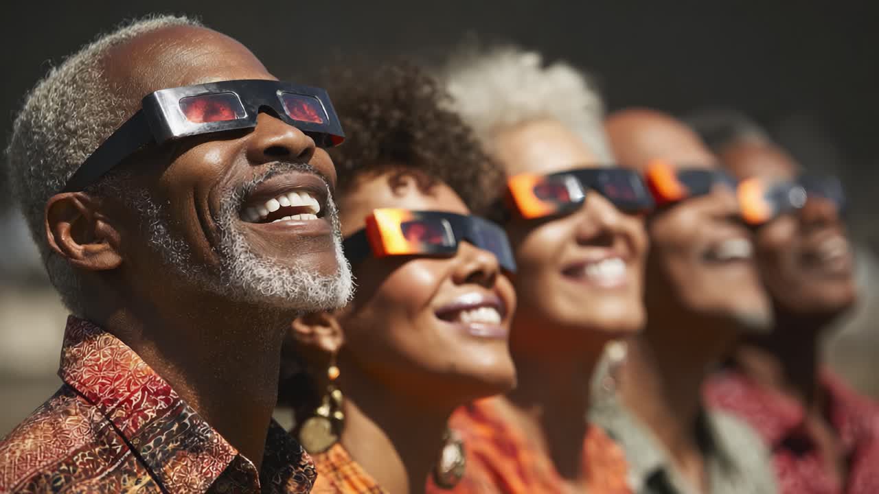 Moment captivant de joie où des observateurs profitent du phénomène céleste, portant des lunettes de protection tout en regardant vers le ciel avec délice et anticipation