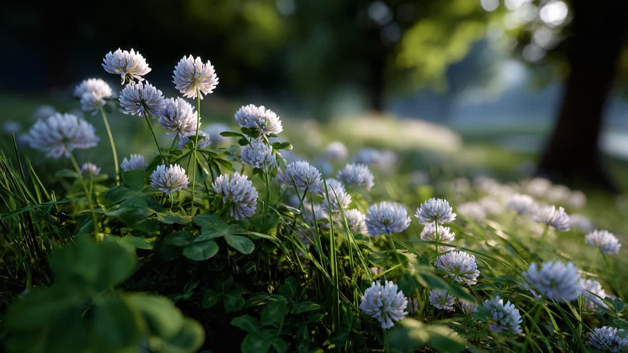 A Serene Morning Scene Featuring Blooming White Clover Flowers Surrounded by Lush Green Grass and Gentle Sunlight Filtering Through the Trees