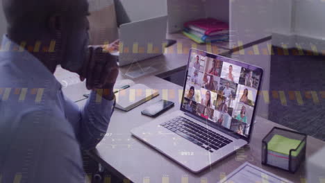 person participating in virtual meeting over financial data processing animation