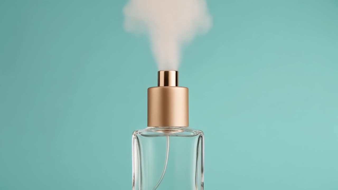 Flacone di profumo che nebulizza una nebbia sottile su sfondo blu
