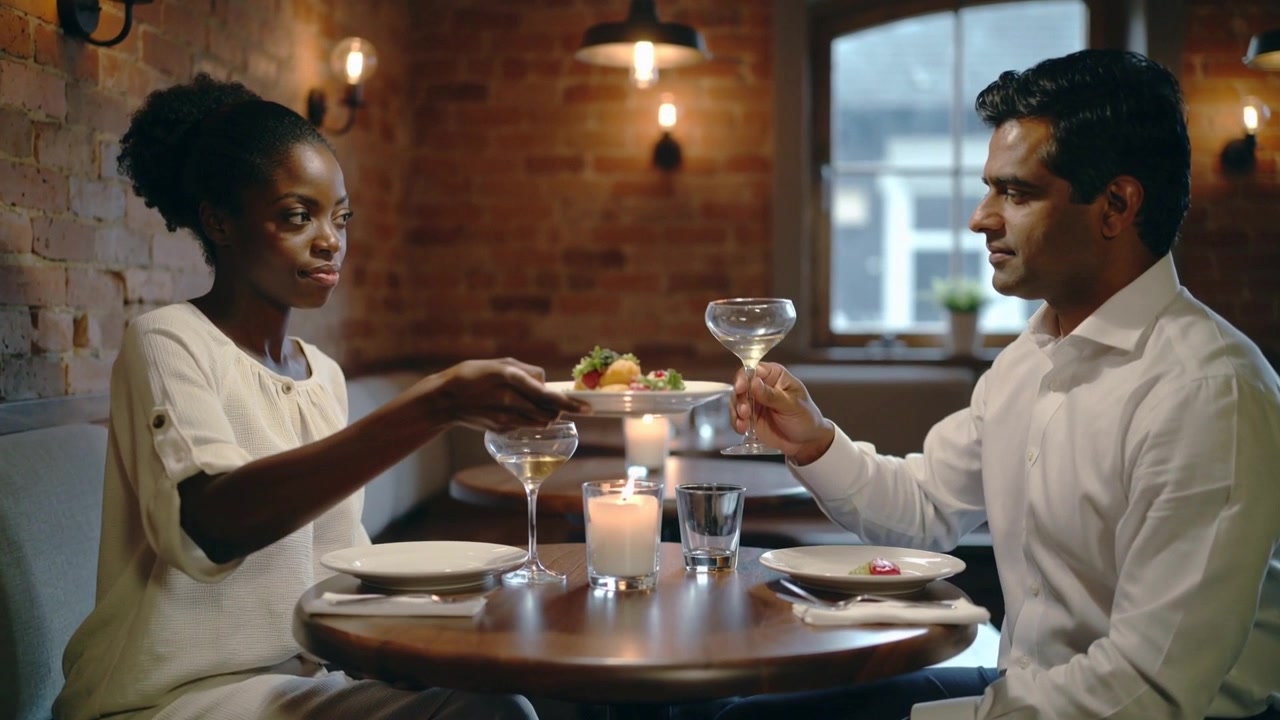 Reaching woman left in light blouse sliding sharing dish toward man in white shirt in restaurant