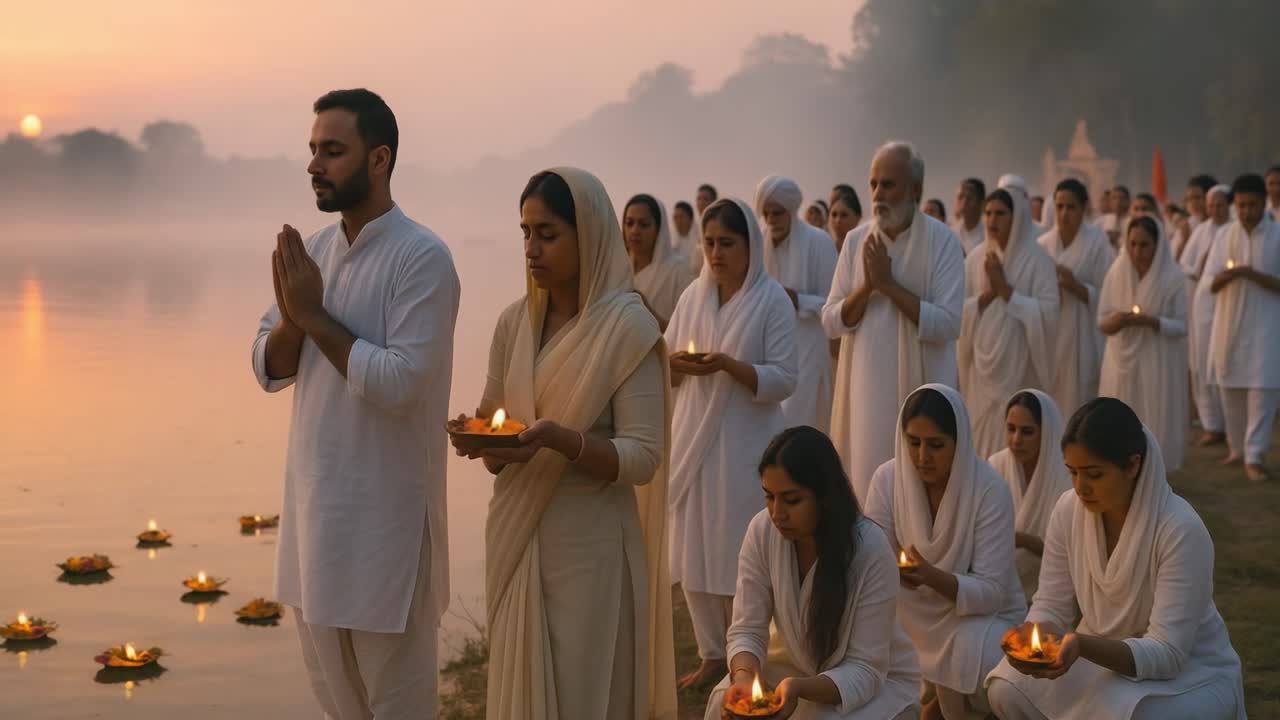 Individuals in white clothing participate in a peaceful ritual by the water, holding candles and praying as the sun rises, enhancing the serene ambiance