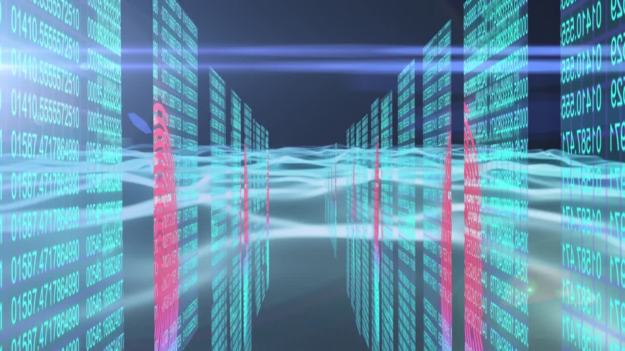 Animation of data processing and waves over black background