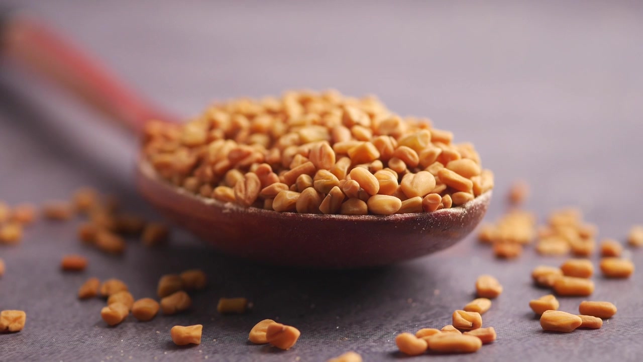 Close Up of Fenugreek Seeds in a Wooden Spoon