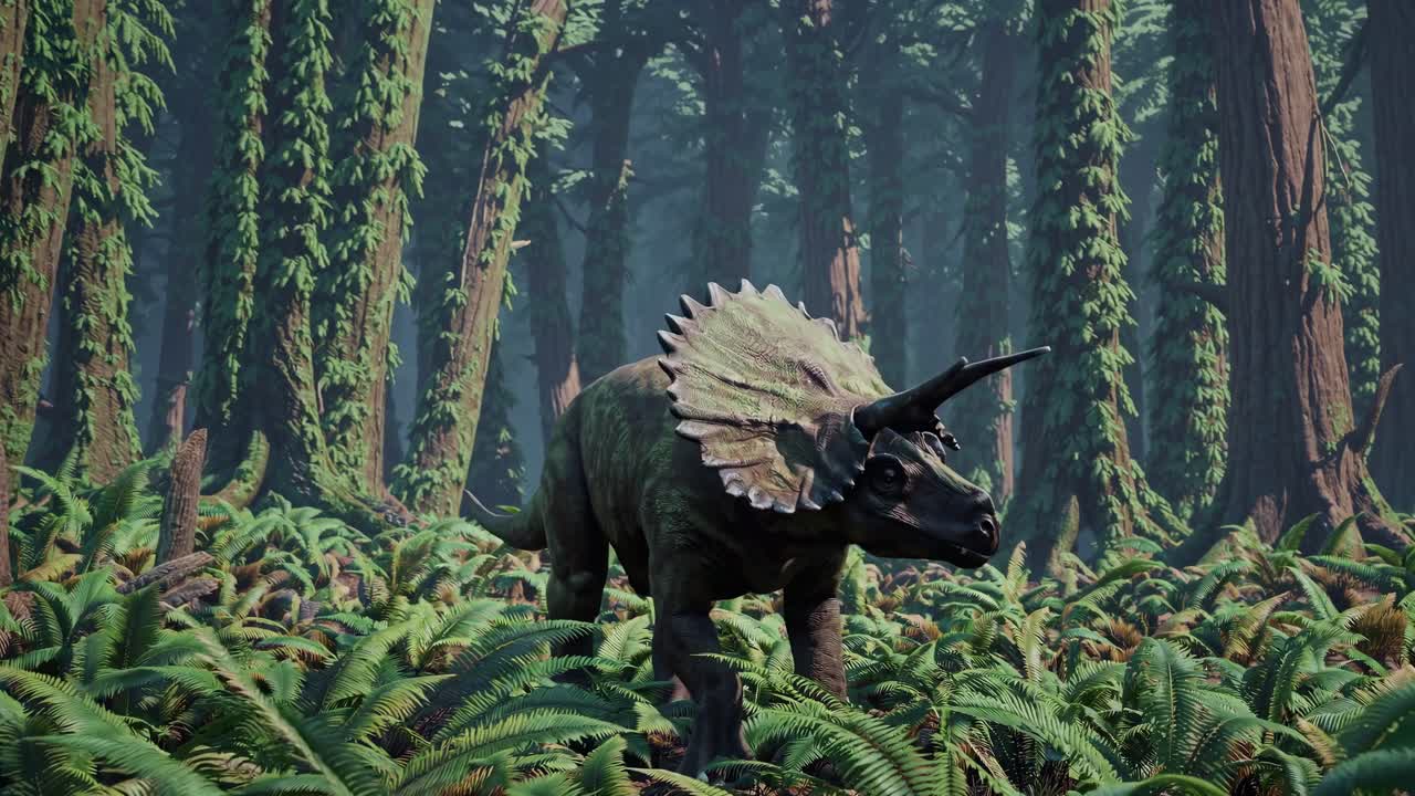 Realistyczny render w 3D triceratopsa w gęstym lesie, uchwycony z perspektywy pod kątem