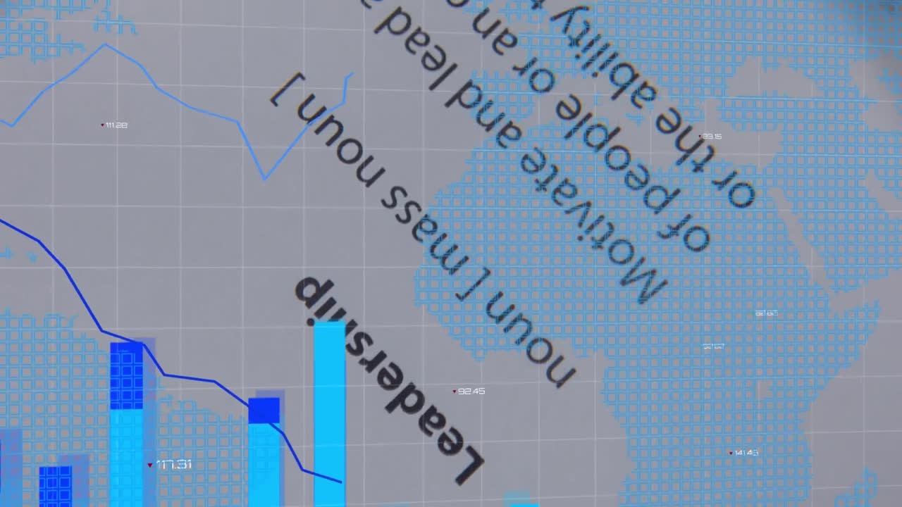증가하는 숫자를 가진 여러 그래프의 애니메이션과  종이에 있는 텍스트 위의 지도