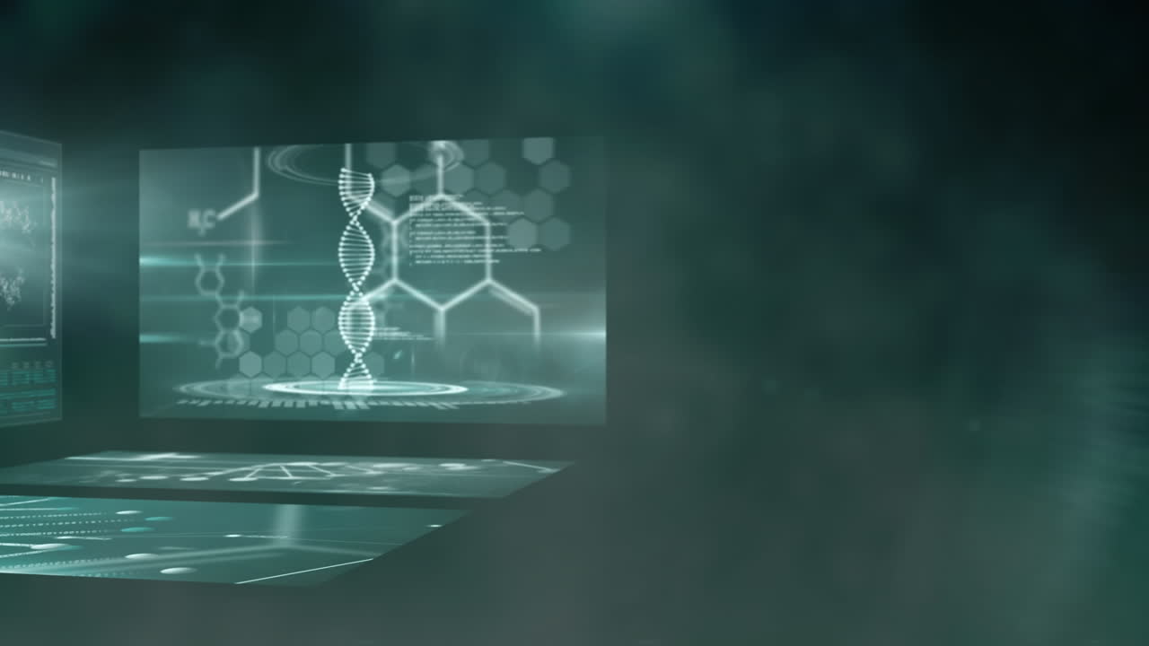 발광하는 빛의 점과 의료 데이터 처리의 디지털로 생성된 비디오