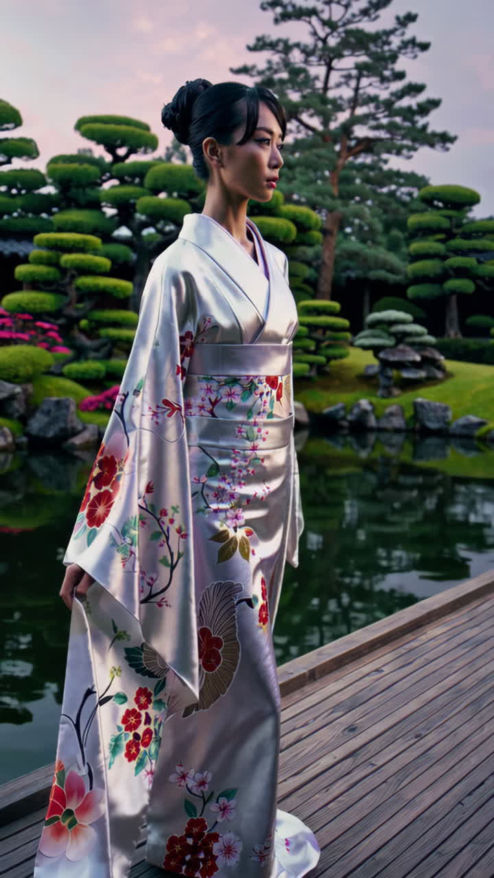 Woman in Kimono in a Japanese Garden