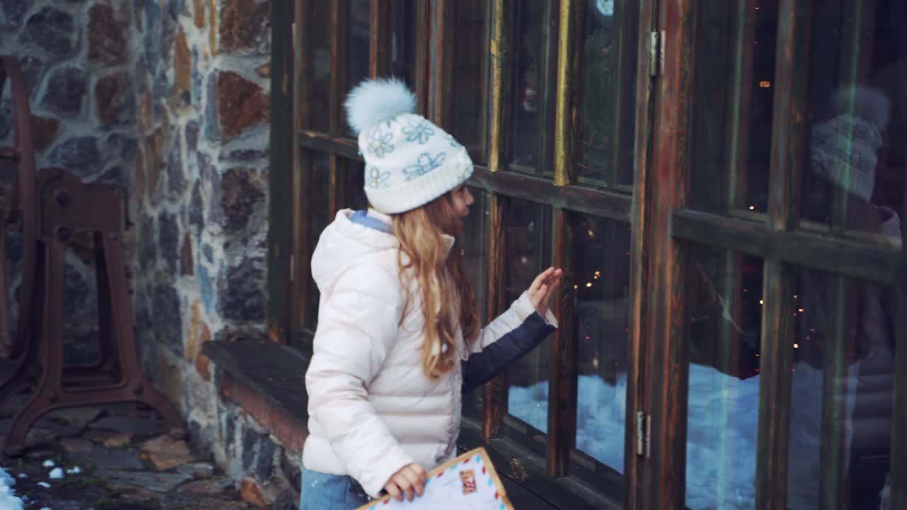 Little girl is looking through the small wooden windows outdoors. Curious child looks inside the house with fairy atmosphere while standing near the windows in winter.